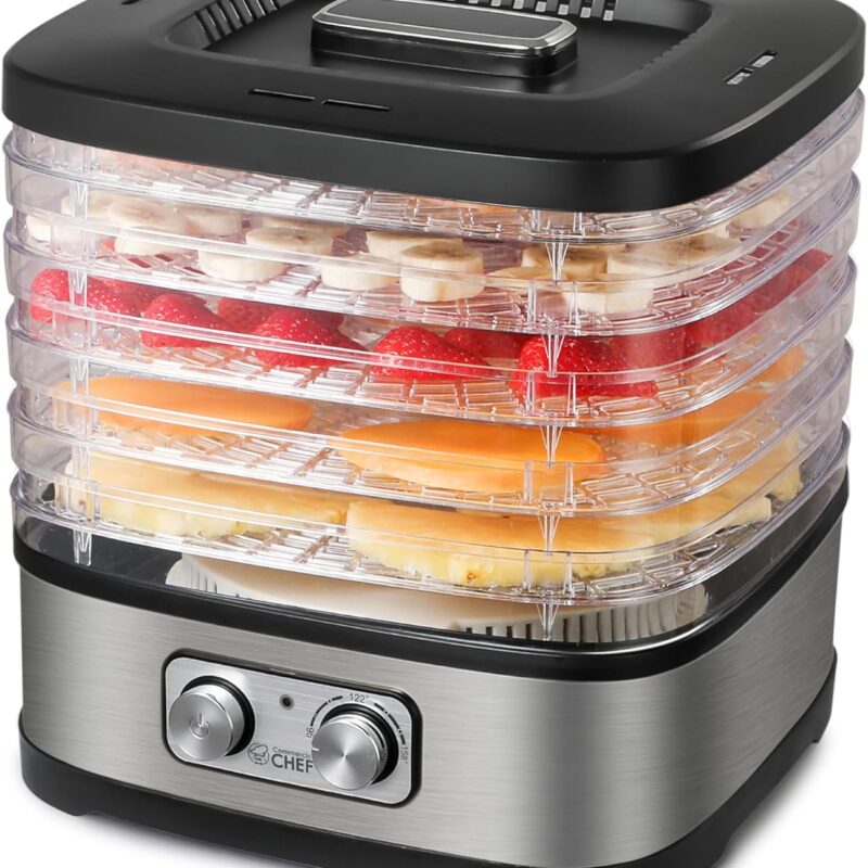 COMMERCIAL CHEF Food Dehydrator with 5 Adjustable Height Trays, Stainless Steel Food Dehydrator Machine for Beef Jerky, Dehydrated Vegetables and More