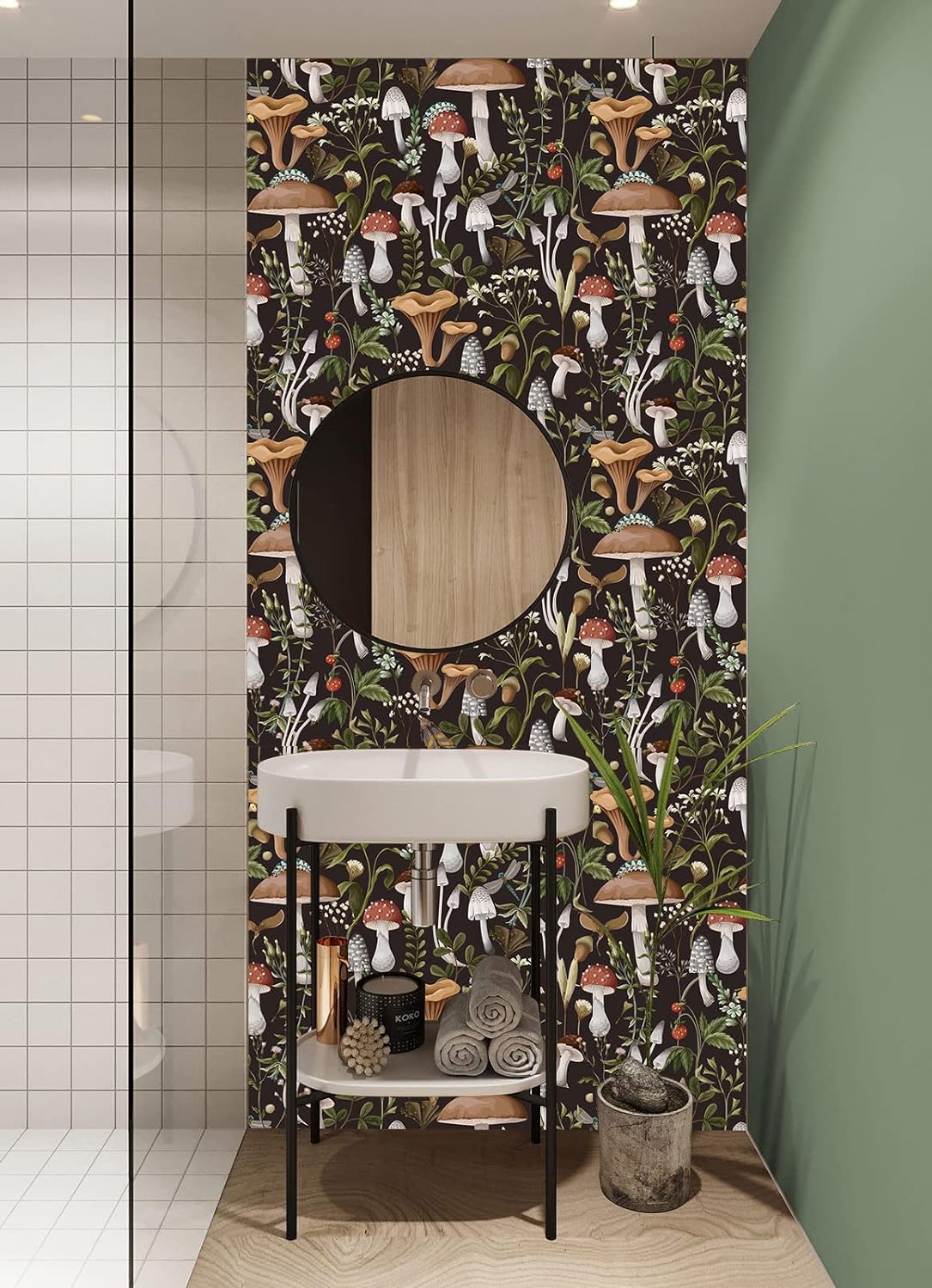81VUthGJPnL._AC_SL1500_.jpg HAOKHOME Peel and Stick Wallpaper Boho Mushroom Removable Stick on Forest Contact Paper for Bathroom Black/Brown/Green 17.7in x 32.8ft - Image 4