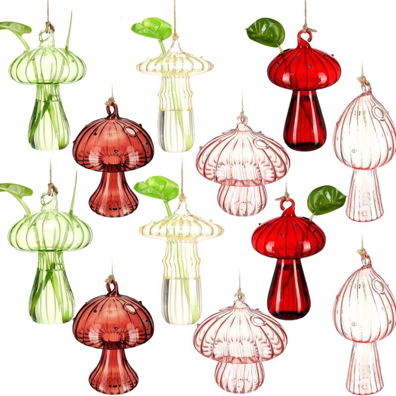 12 Sets Mushroom Vase Hanging Glass Planter Small Hanging Propagation Station Cute Mushroom Hydroponic Flower Vases Mini Wall Glass Terrarium with Rope and Hooks for Home Decor