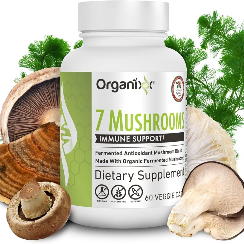 Organixx Organic Mushroom Supplement, 7 Types of Fermented Mushrooms, Lions Mane, Shiitake, Cordyceps, Turkey Tail, Cordyceps, Reishi, for Immune Support, Digestion Support, 60 Vegetarian Capsules