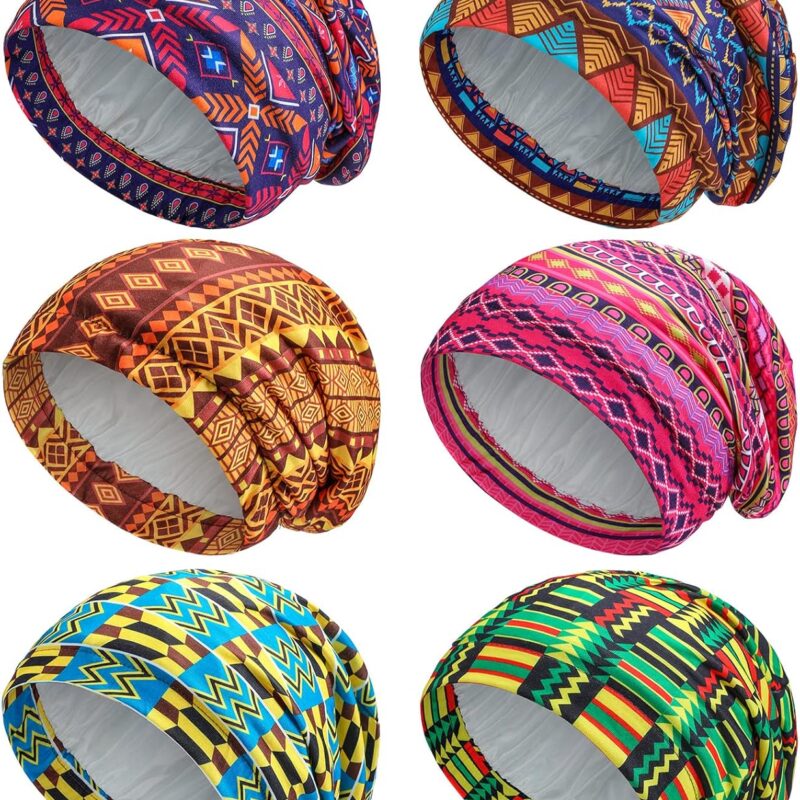 Sintege 6 Pcs Satin Lined Bonnet Sleep Cap for Women Men African Silk Soft Beanie Hair Sleep Wrap for Natural Curly Braids