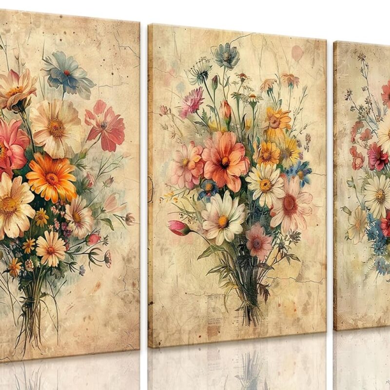 KISSFOX Framed Colorful Wildflower Canvas Wall Art Set Of 3 Flowers Pictures Prints Flowers Printing Floral Watercolors Flower wall Decor Living Room Girls Bedroom Bathroom