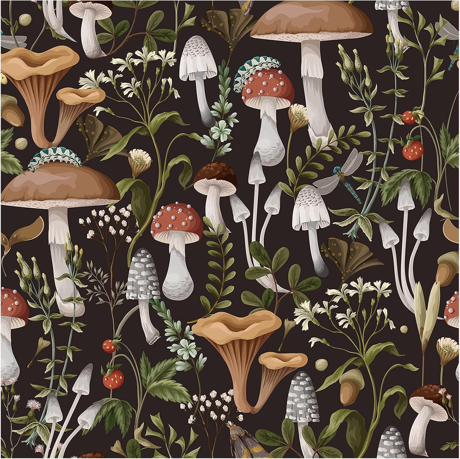 81YUgDHUvoL._AC_SL1500_.jpg HAOKHOME Peel and Stick Wallpaper Boho Mushroom Removable Stick on Forest Contact Paper for Bathroom Black/Brown/Green 17.7in x 32.8ft