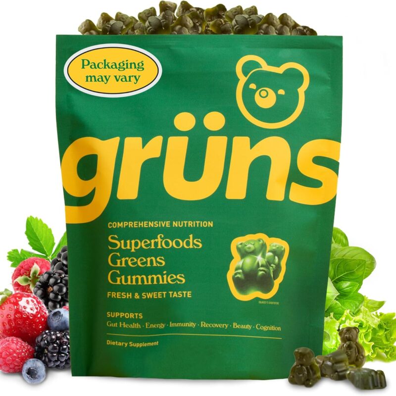 Gruns Adult Super Greens Gummies - Superfood Gummy Bears with Spirulina, Chlorella & Prebiotics for Digestive Health - Adaptogens Supplement with 20 Vitamins & Minerals, Low Sugar- 2-Week Supply