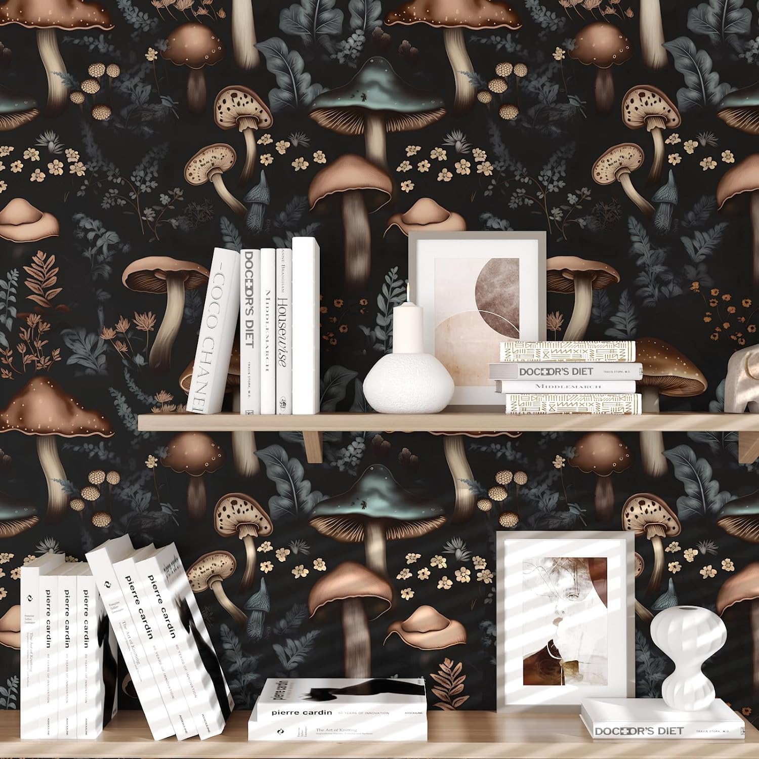 81Zki9ug42L._AC_SL1500_.jpg Mushroom Wallpaper Black Peel and Stick Wallpaper Leaf Vintage Contact Paper Boho Dark Flower Wall Paper Removable Wallpaper Self Adhesive for Cabinet Drawers Wall Decor 17.5''x118.1'' - Image 3