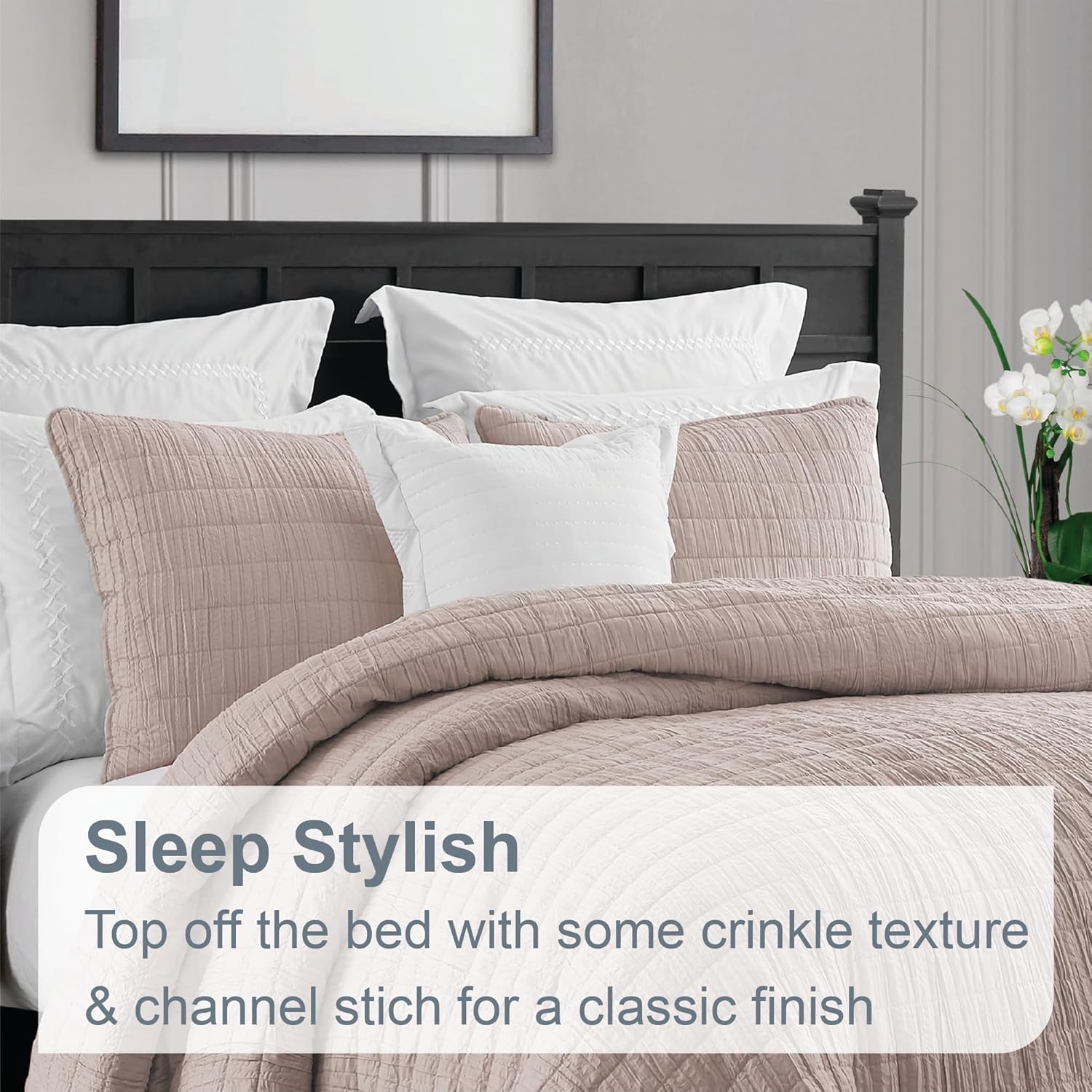 81a59Bfu4qL._AC_SL1500_.jpg Swift Home Lightweight Oversized, Ultra-Soft, Enzyme Washed, Crinkle Texture, Breathable Cotton Blend Fill, 3-Piece Coverlet/Bedspread/Quilt Set – Mushroom, Full/Queen - Image 2