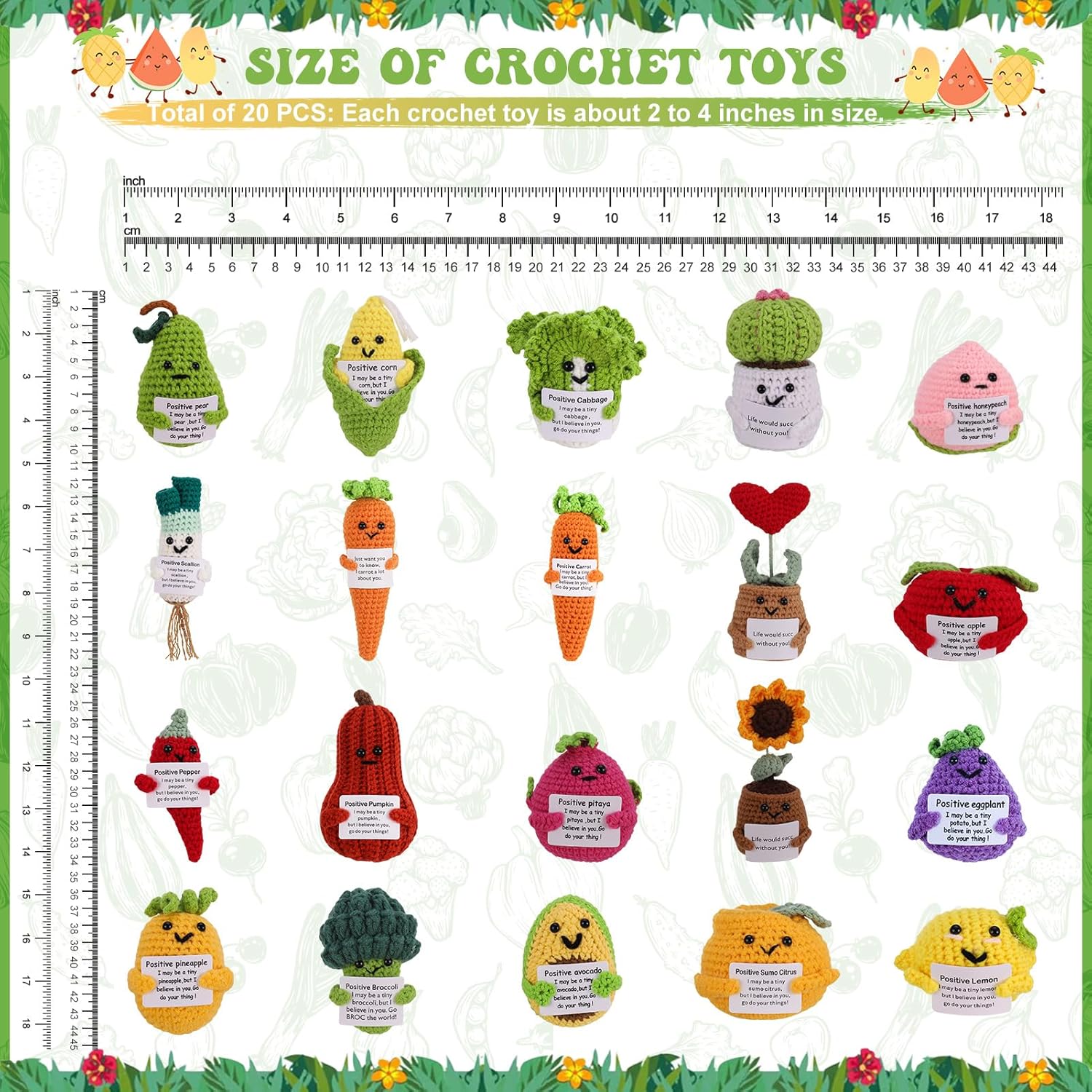 81a83C5QSwL._AC_SL1500_.jpg 20 Pcs Funny Mini Positive Vegetables Bulk Handmade Emotional Support Pickled Cucumber with 25 Pcs Organza Gift Bags Cute Furit Knitting Doll Crochet Corn with Positive Card - Image 3