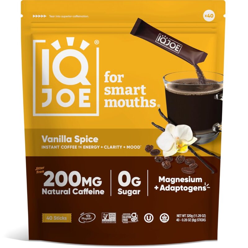 IQJOE Instant Mushroom Coffee Packets with Lion’s Mane and Magtein Magnesium L-Threonate - New Vanilla Spice - Clarity and Mood Enhancing - Sugar Free, Keto, Vegan - 200mg Natural Caffeine - 40 Count