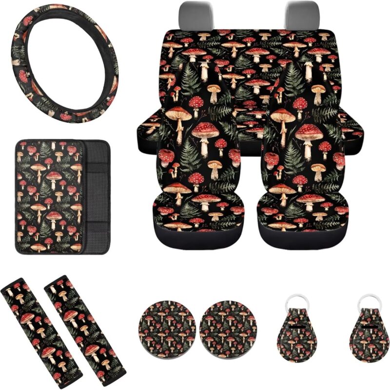 Hippie Mushroom Car Seat Cover for Women 12Pcs Cottagecore Mushroom Steering Wheel Cover Seatbelt Pads Armrest Pad Mushrooms Coaster Keychain Universal Fit