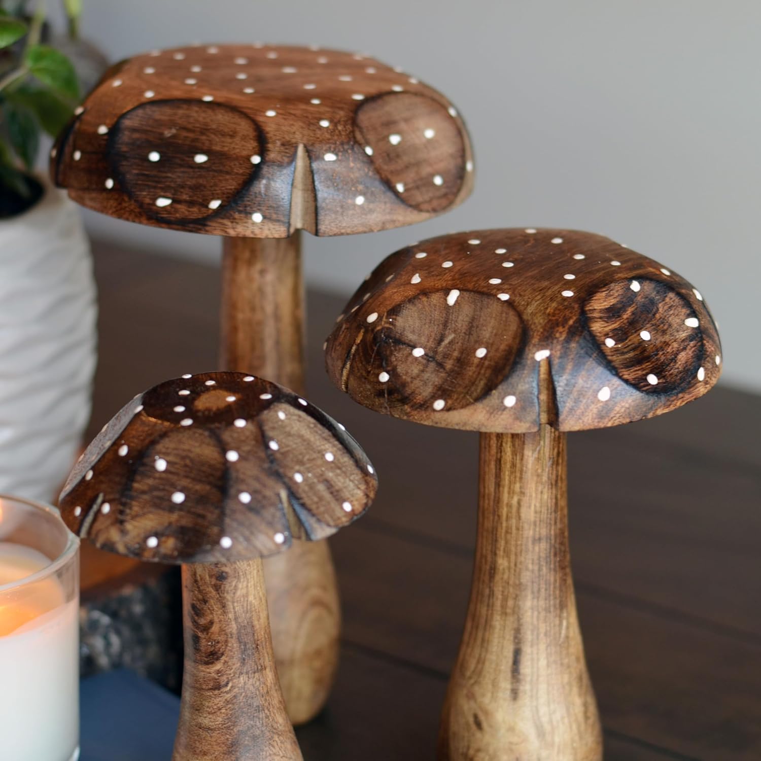 81aWkdW-uBL._AC_SL1500_.jpg WHW Whole House Worlds Farmers Market Mushrooms, Set of 3, Decorative Kitchen Figurines, Art, Dark Mango Wood, Dotted Notched Tops, 6, 7.75, 9.75 Inches - Image 5