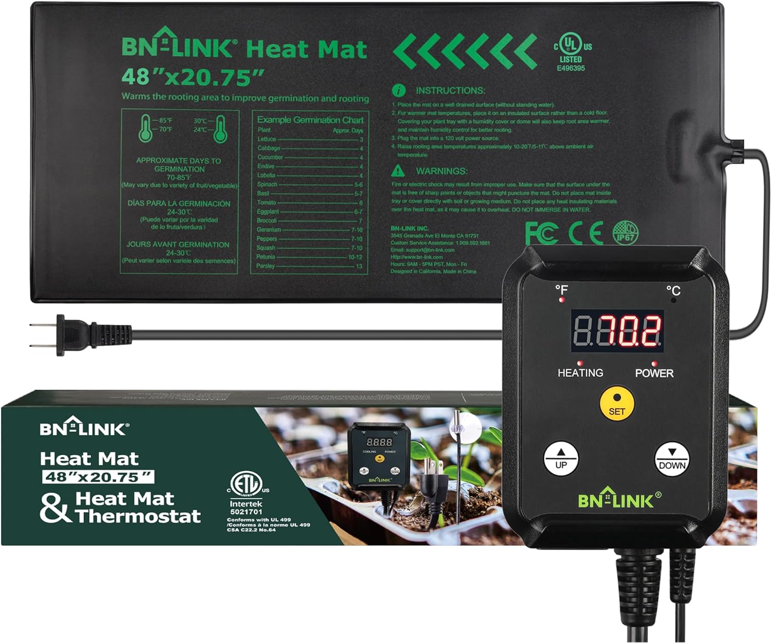 81b0Vydvw9L._AC_SL1500_.jpg BN-LINK Seedling Heat Mat Heating Pad 48" x 20.75" with Digital Thermostat Controller Combo Set Waterproof for Indoor Seed Starting and Plant Germination