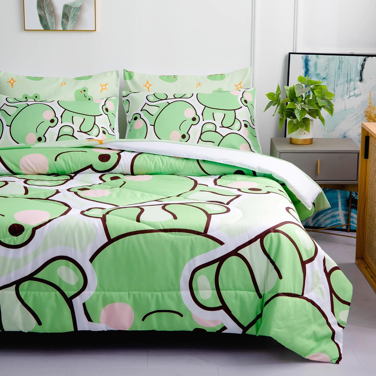 81b5MWuhx5L._AC_SL1500_.jpg MUSOLEI 7 Piece Frog Comforter Set Frog Bedding for Kids Boys and Girls Frog sheets set Frog Bedding set Twin Size Bedding Sets for All Season (1 Comforter, 1 Flat Sheet, 1 Fitted Sheet, 4 Pillowcase) - Image 7