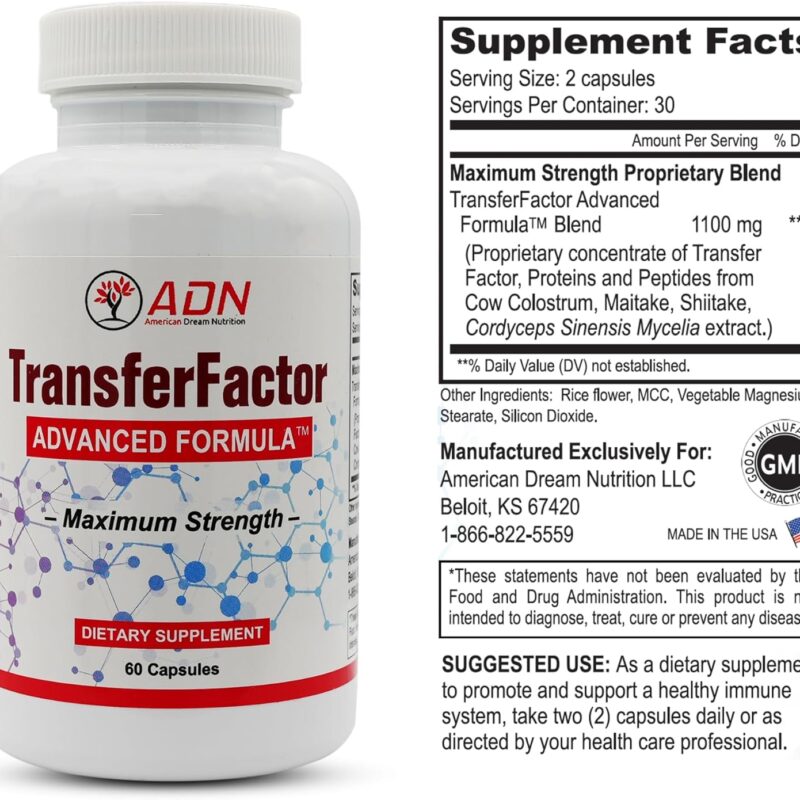 Transfer Factor Advanced Formula - Immune System Support with Super Mushroom Blend (Maitake, Shiitake, Cordyceps), and extracts of Cow Colostrum - 60 Capsules