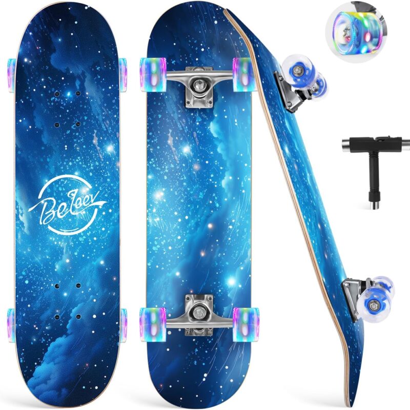 BELEEV Skateboards for Beginners, 31 x 8 inch Complete Skateboard for Kids Teens Adults, 7 Layer Canadian Maple Double Kick Deck Concave Cruiser Trick Skateboard with Multifunction Skate T-Tool