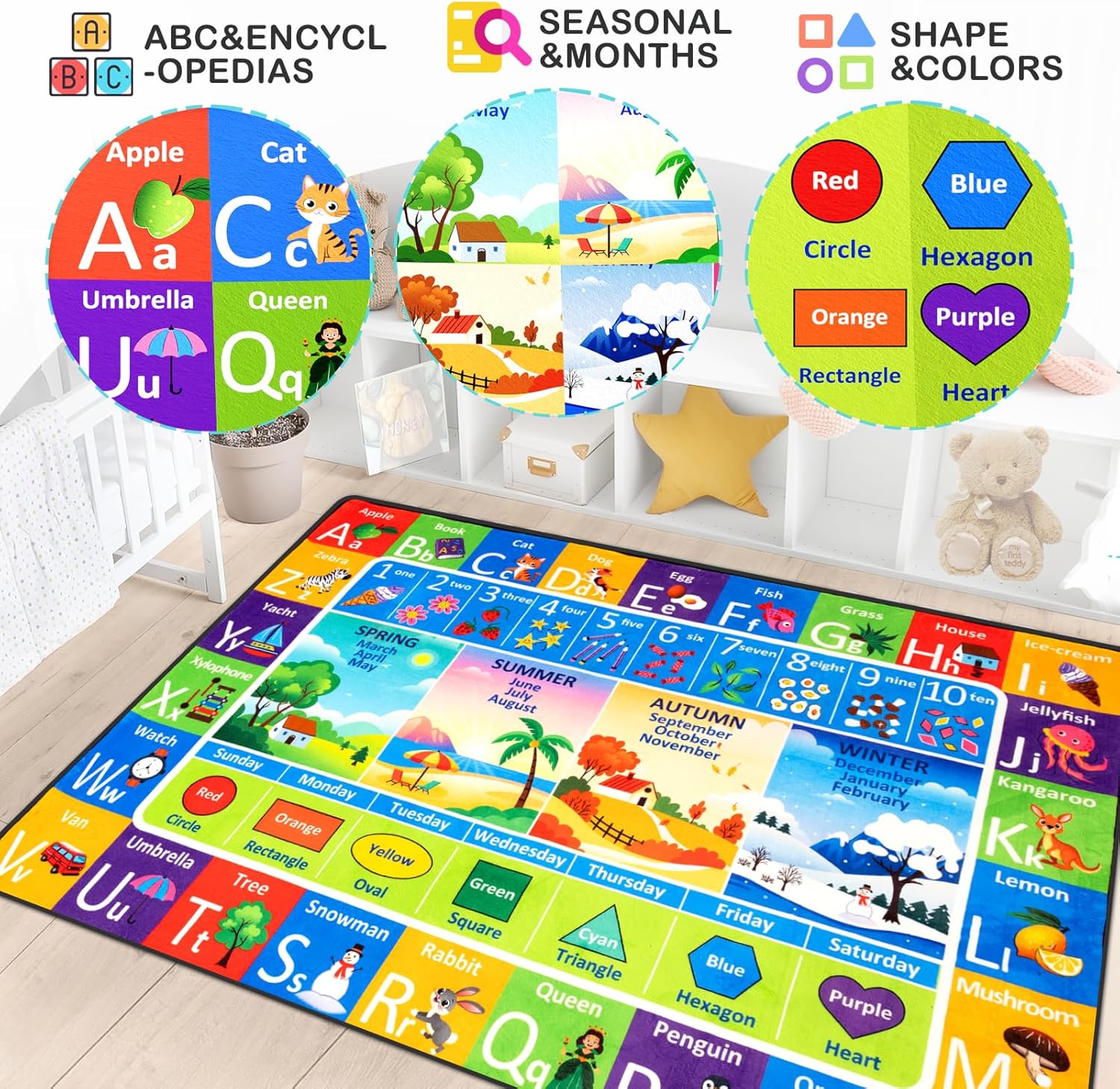 81by-uB2gJL._AC_SL1500_.jpg ABC Rug for Kids Playroom, Alphabet Rug 5x7 Feet, Washable Play Mat Rug Non-Slip ABC Mats Classroom Carpet for Learning Letters, Animal, Shape, Color, Nursery Toddler Play Room Decor - Image 3