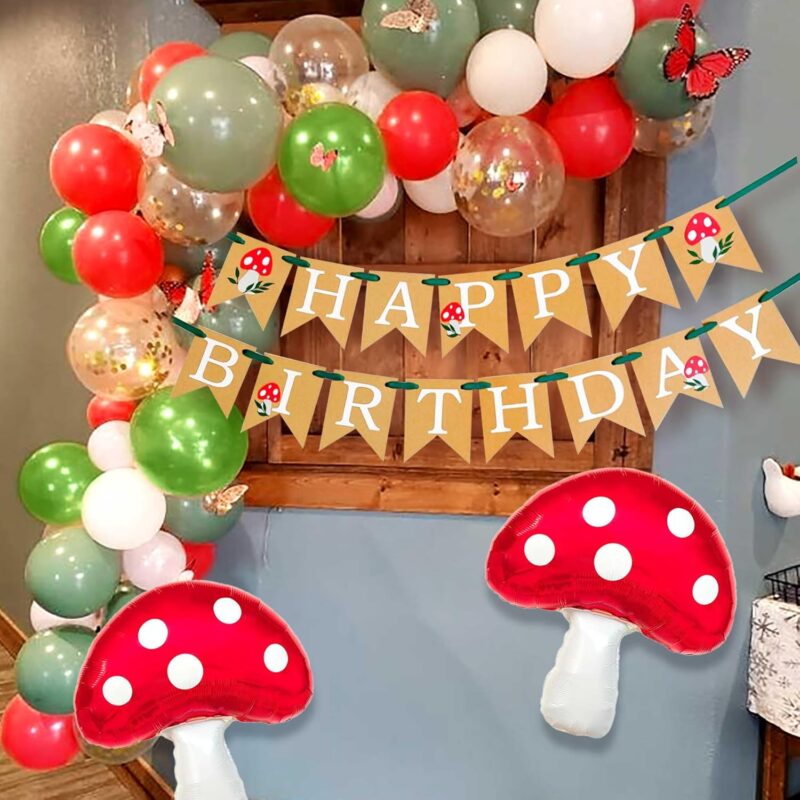 JeVenis 43 PCS Mushroom Birthday Banner Party Decoration Mushroom Balloon Garden Party Birthday Banner Fairy Woodland Mushroom Party Supplies Favors
