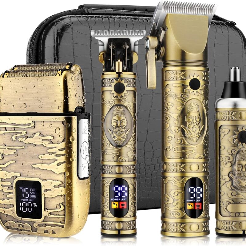 Professional Hair Clippers for Men,Hair Clippers+T-Blade Trimmer+Electric Shaver+Nose Hair Trimmer Set,4 in 1 Cordless Barber Hair Cutting Kit LCD Display Gifts (Gold)