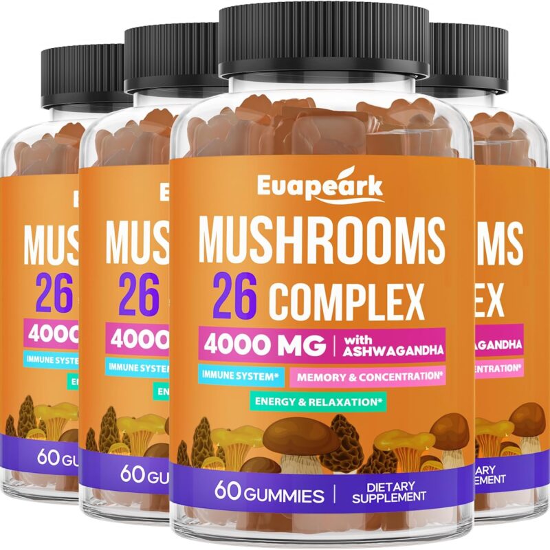 Mushroom Gummies, Mushroom Supplement 4000mg with Ashwagandha & Lion's Mane, Turkey Tail, Reishi, Chaga, Cordyceps & More for Brain, Energy, Focus, Organic Mushrooms Complex Gummies for Adults, 240ct