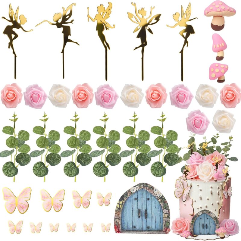 37 Pcs Fairy Cake Topper, Flower Mushroom House Cake Decorations, Butterfly Cake Decorations fairy party decorations for Girls Party Birthday Cake Decorations Favors