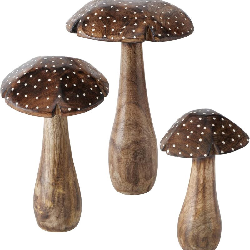 WHW Whole House Worlds Farmers Market Mushrooms, Set of 3, Decorative Kitchen Figurines, Art, Dark Mango Wood, Dotted Notched Tops, 6, 7.75, 9.75 Inches