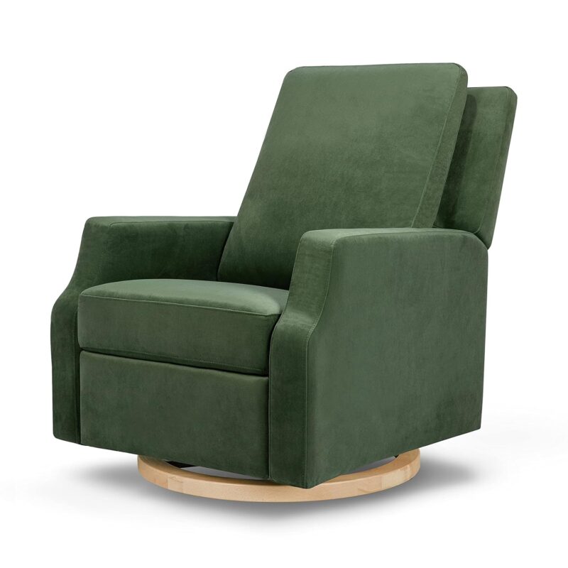 NAMESAKE Crewe Recliner and Swivel Glider in Forest Green Velvet with Light Wood Base, Greenguard Gold Certified