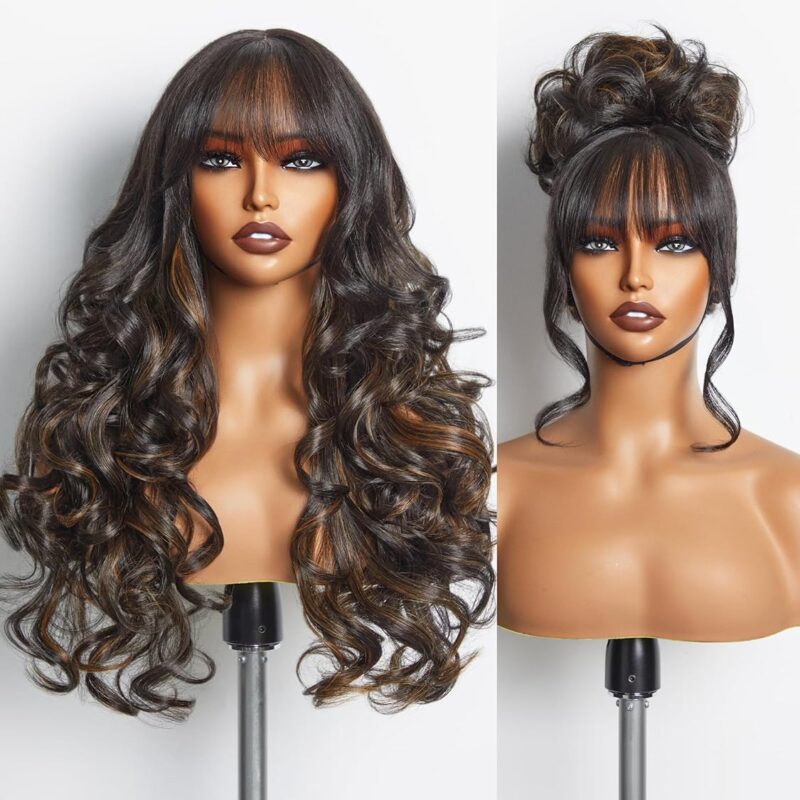 GORGIUS Highlight Wigs with Bang Body Wave Wig Long Natural Highlights Glueless Wavy Wig Crafted with Style-Archive Premium Fiber, Realistic Look with True Scalp