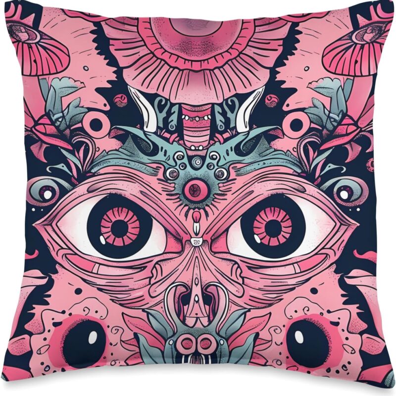 Pink Art Deco Ethnic Weirdcore Aesthetic Mushroom Eyes Throw Pillow