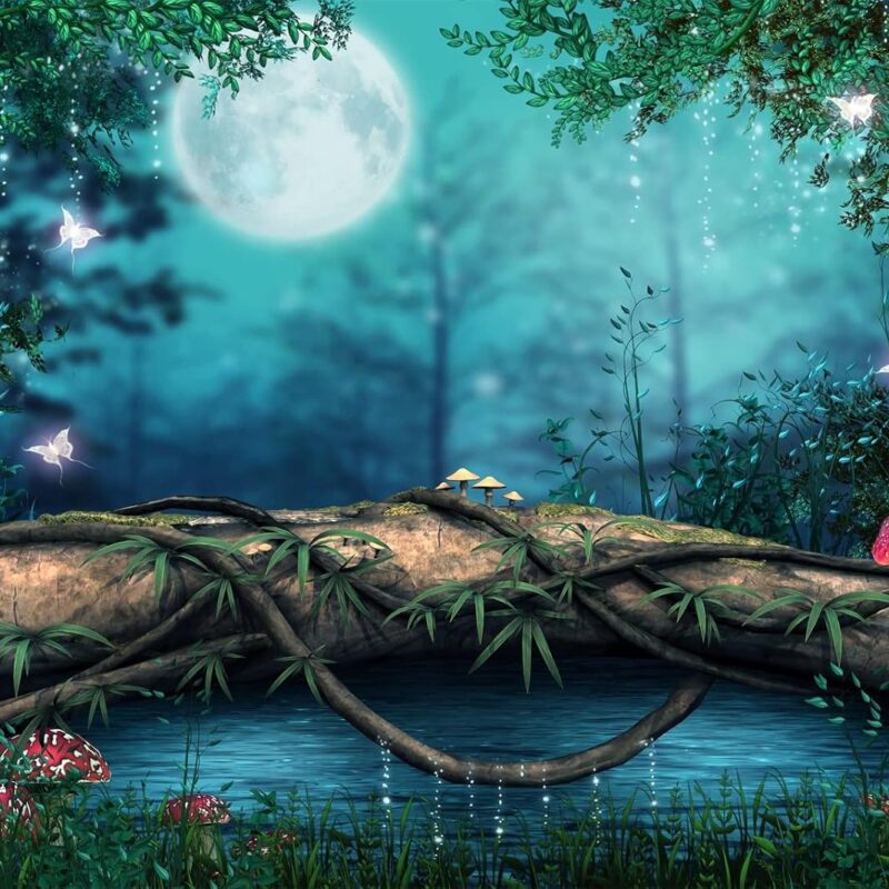 BELECO 15x10ft Fabric Fairytale Backdrop Underground Lake with Fantasy Mushrooms Sparkling Butterflies Full Moon Night Background Woodland Magic Theme Party Decorations Studio Booth Photo Props