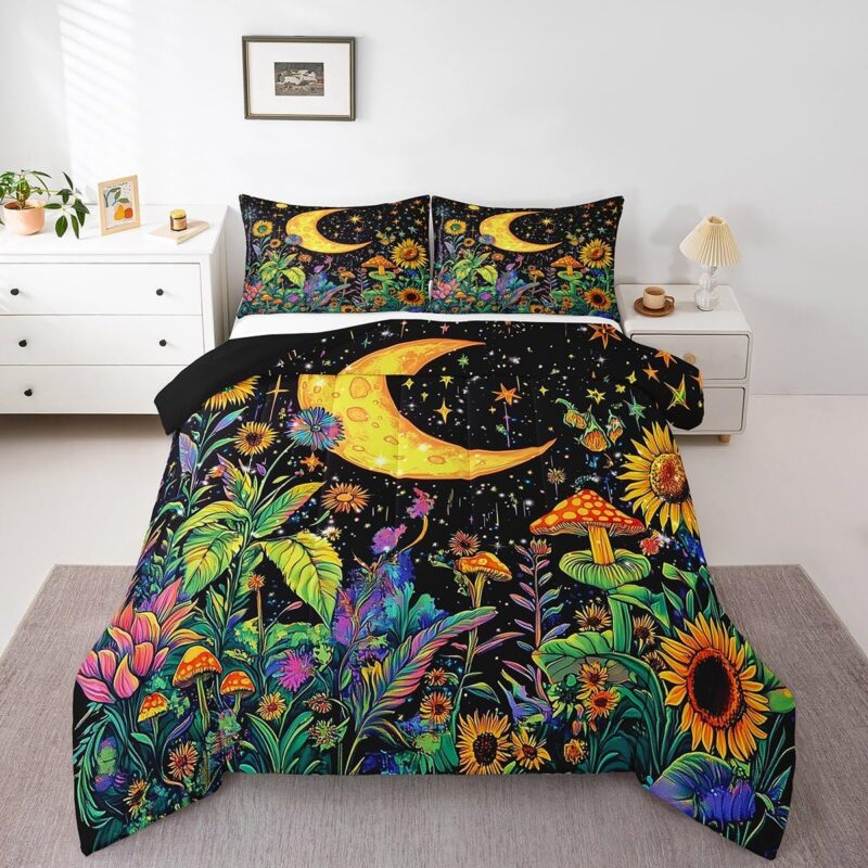 Manfei Boho Moon Comforter Set Queen Size, Yellow Sunflower Mushroom Bedding Set 3pcs, Bohemian Exotic Down Comforter for All Season, Kids Girl Room Decor, Soft Polyester Quilt Set, 2 Pillowcases
