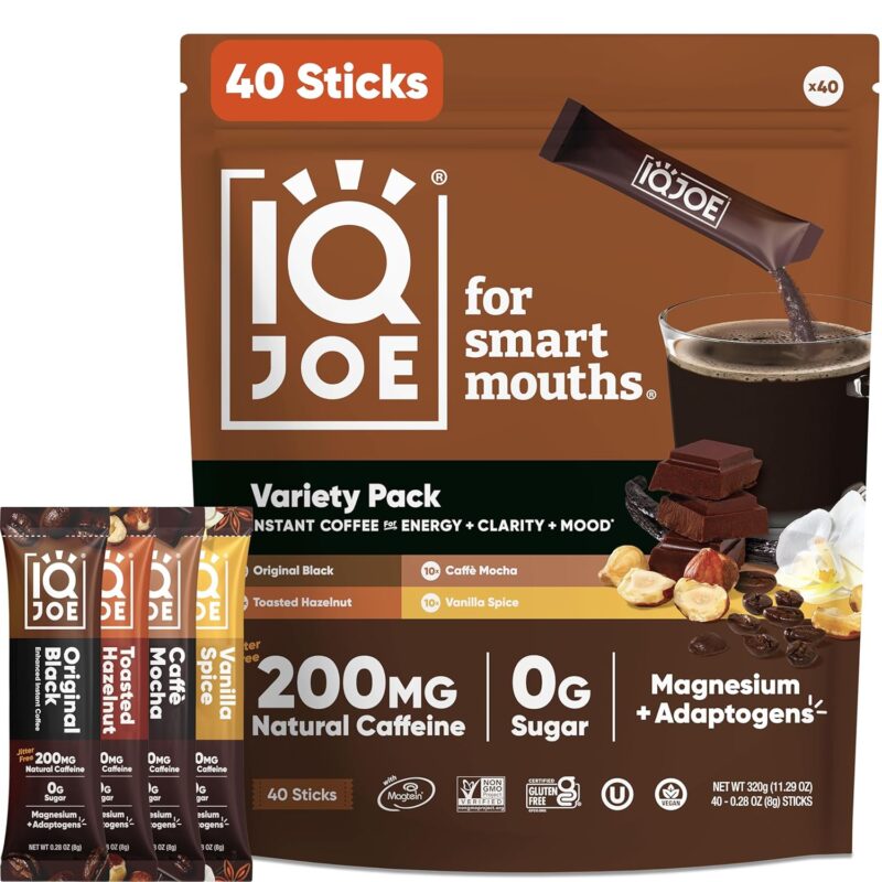 IQJOE Instant Mushroom Coffee Packets with Lion’s Mane and Magtein Magnesium L-Threonate - New Variety Pack - Clarity and Mood Enhancing - Sugar Free, Keto, Vegan - 200mg Natural Caffeine - 40 Count
