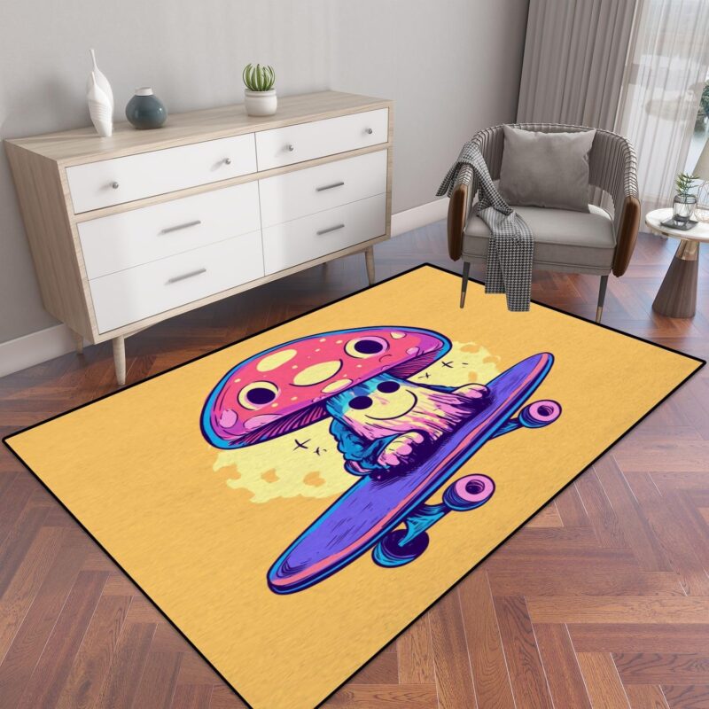 Jelly Character Holding Mushroom Skateboard for Sticker Apparel Doodle Area Rug Outdoor Patio Rug Play Mat Modern Floor Carpet Non-Slip Home Decor Living Room Kids Bedroom Nursery, 3x5 ft