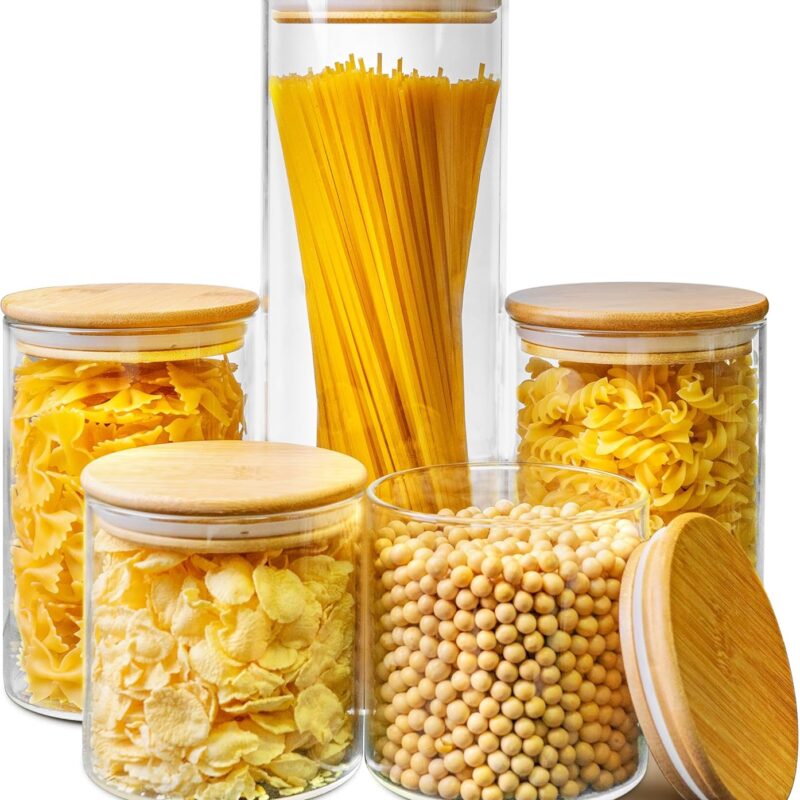 Glass Jars with Bamboo Lids [Multi Size 5 Pack], Glass Pantry Storage Containers with Lids, Round Glass Canisters Set, Glass Food Storage Containers with Airtight Lid for Pasta Flour Cereal Organizers