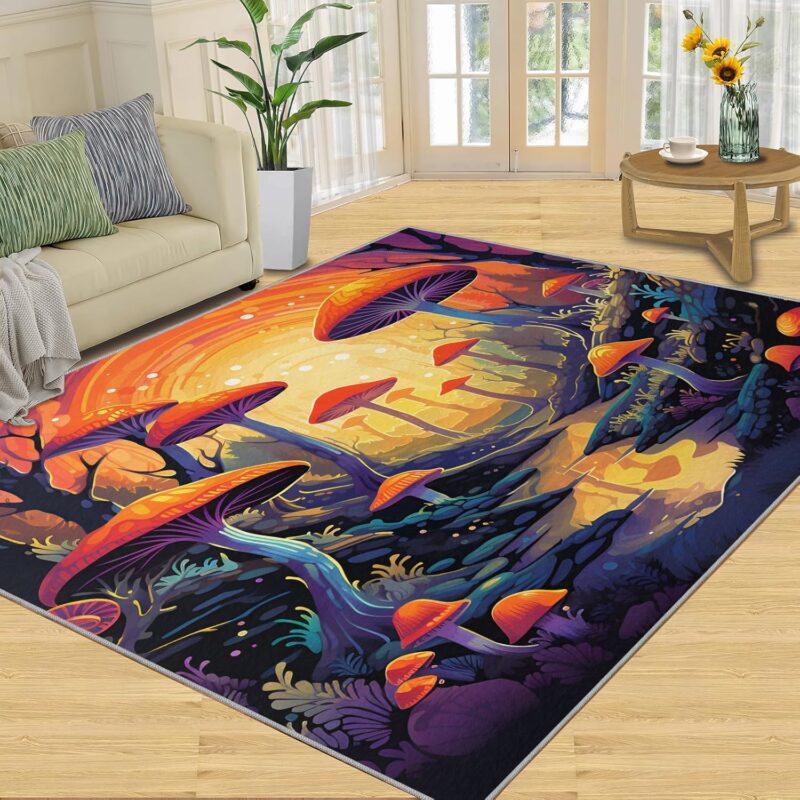 Large Area Rug 8x10 Mushroom Kingdom Rug, Forest Fairies Rugs for Living Room, Fade Resistant Rug Non-Skid Washable Carpet for Bedroom Study Room Classroom Outdoor Study Room