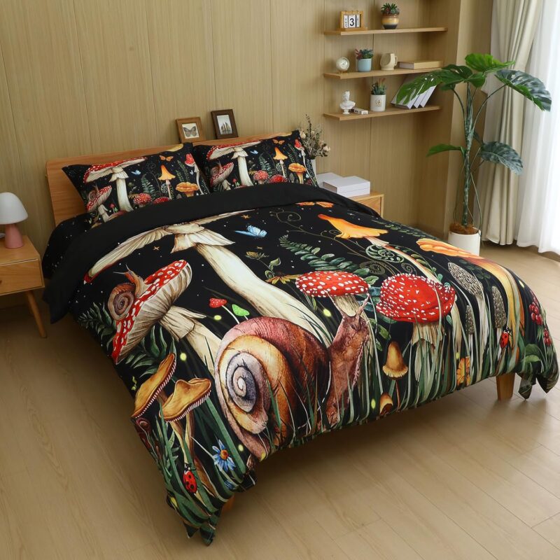 7 Pieces Mushroom Bedding Set Mushroom Queen Comforter Pillow Sham Flat Sheet Fitted Sheet Lightweight Microfiber Bed-in-a-Bag for All Seasons for Adults Boys Girls Bedroom Bed Decor