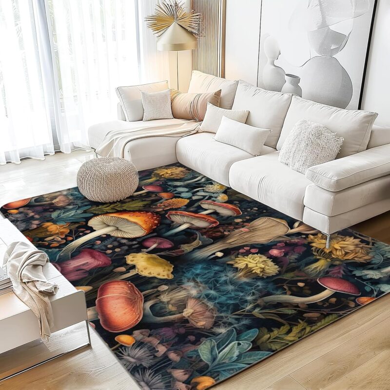 Area Rugs 5x7 Washable Rug Vintage Mushrooms Living Room Rug Soft Anti-Skid Thin Carpet Indoor Floor Non-Shedding Carpets for Bedroom Dining Room Farmhouse Nursery Home Office