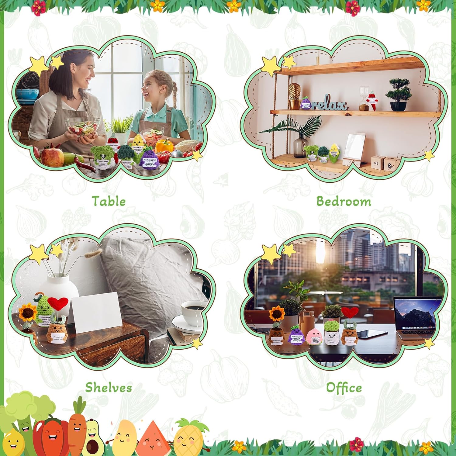81kYRr-jnLL._AC_SL1500_.jpg 20 Pcs Funny Mini Positive Vegetables Bulk Handmade Emotional Support Pickled Cucumber with 25 Pcs Organza Gift Bags Cute Furit Knitting Doll Crochet Corn with Positive Card - Image 5
