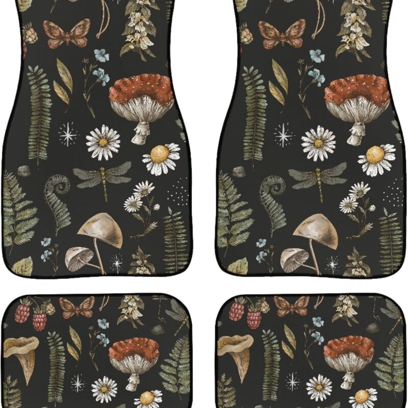 81kfIFnzNtL._AC_SL1500_.jpg Mushroom Car Floor Mats Full Set of 4,Vintage Woodland Nature Mushroom Forest Plants Botanical Texture on Black Universal Front Rear Floor Mats for Cars Auto Car Decor Accessories for Trucks
