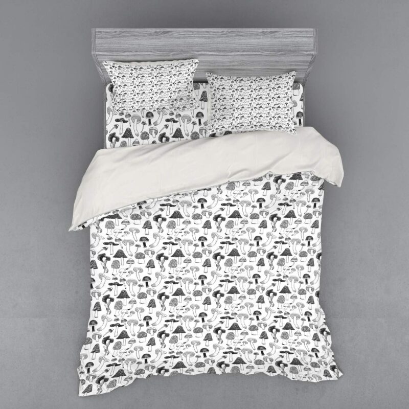 Ambesonne Mushroom Bedding Set, Creative Sketchy Drawing Repetitive Design Elements on Plain Backdrop, 4 Piece Duvet Cover Set with Shams and Fitted Sheet, Queen Size, Charcoal Grey