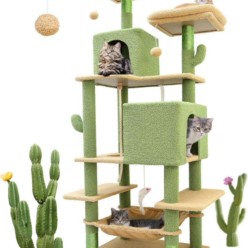 F76 Cactus Cat Tree Tower | 76-Inch Extra Tall Multi-Level Cat Furniture with Cozy Condos,Interactive Toys and Perches for Large Cats | Perfect for Climbing, Scratching, and Play | Green