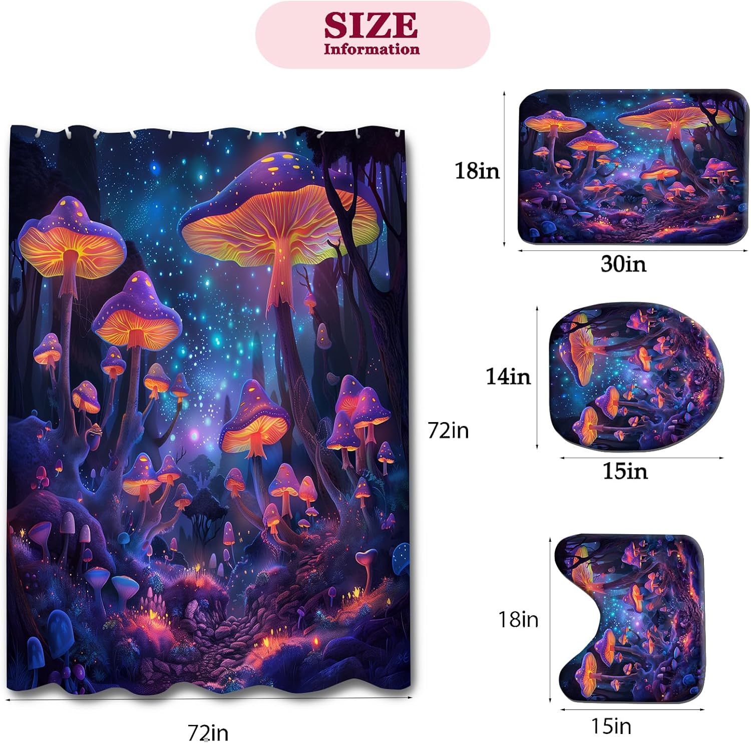 81mNQP82yL._AC_SL1500_.jpg Mushroom Bathroom Set- Magic Plant 4PCS Shower Curtain Sets Accessories with Non-Slip Rug, Toilet Lid Cover, Bath Mat-72x72in-Moon and Stars Curtains-Home Decor Women Adults Gifts - Image 3