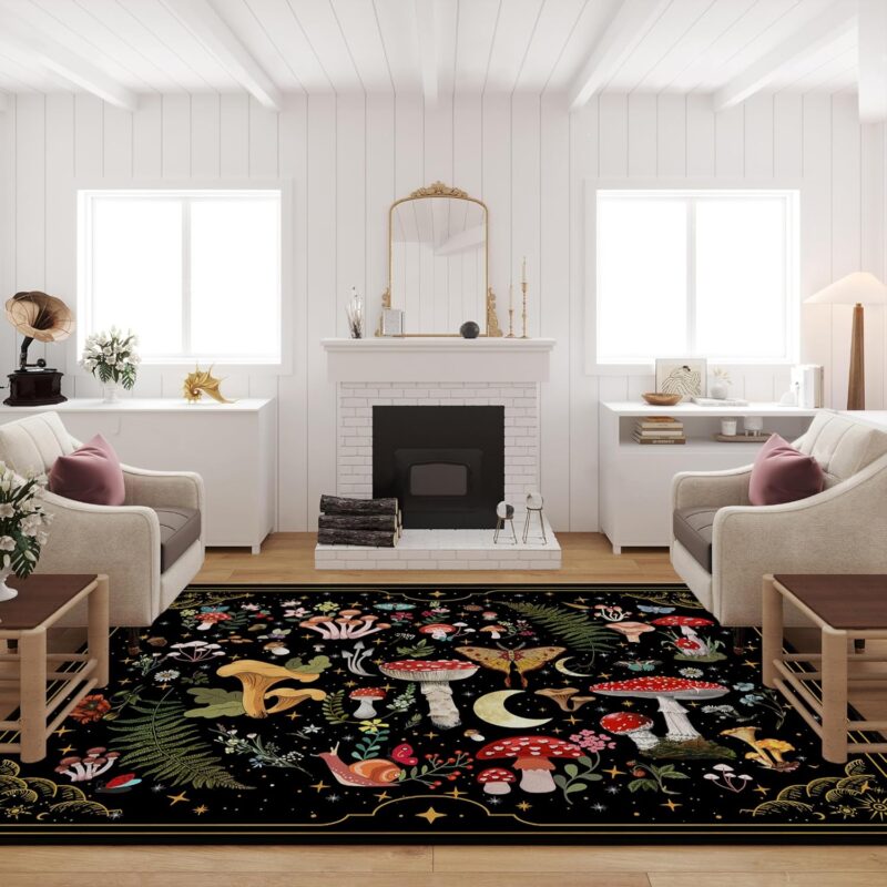 Mushroom Moth Area Rugs for Living Room Dining Room Bedroom Farmhouse, Non-Slip Machine Washable Black Living Room Rug Carpet 5'x7', Witchy Living Room Decor Aesthetic
