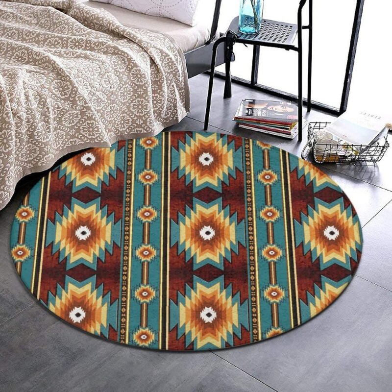 Fashion Circle Mat Non-Slip Area Rug, Stain Resistant & Washable, Tribal Navajo Indiana Western Southwest Ethnic Ideal for High Traffic Areas in Dining Room Bathroom