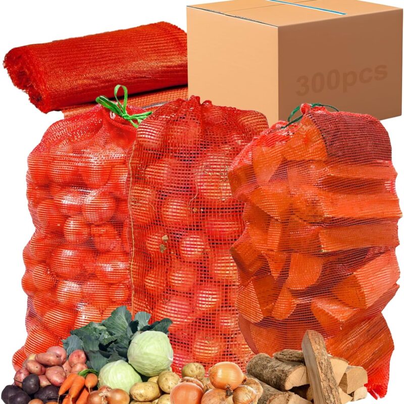 300 Pack 20'' x 14'' Mesh Onion Bags, Reusable Drawstring Fresh Produce Storage Bags for Onions, Vegetables, Potatoes, Citrus, Crawfish Firewood