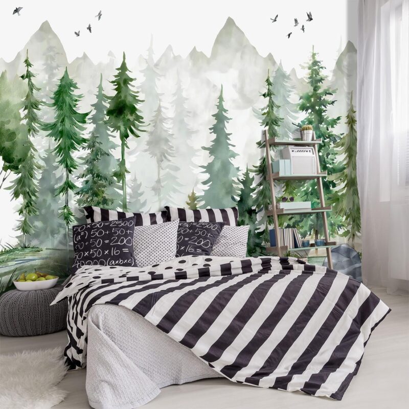 81o18Hl3nmL._AC_SL1500_.jpg -Green Cartoon Pine Forest Nursery Fabric Wallpaper for Boys and Girls Children's Bedroom Living Room Woodland Plants Large Wall Mural- 91"x65"( not Peel and Stick)