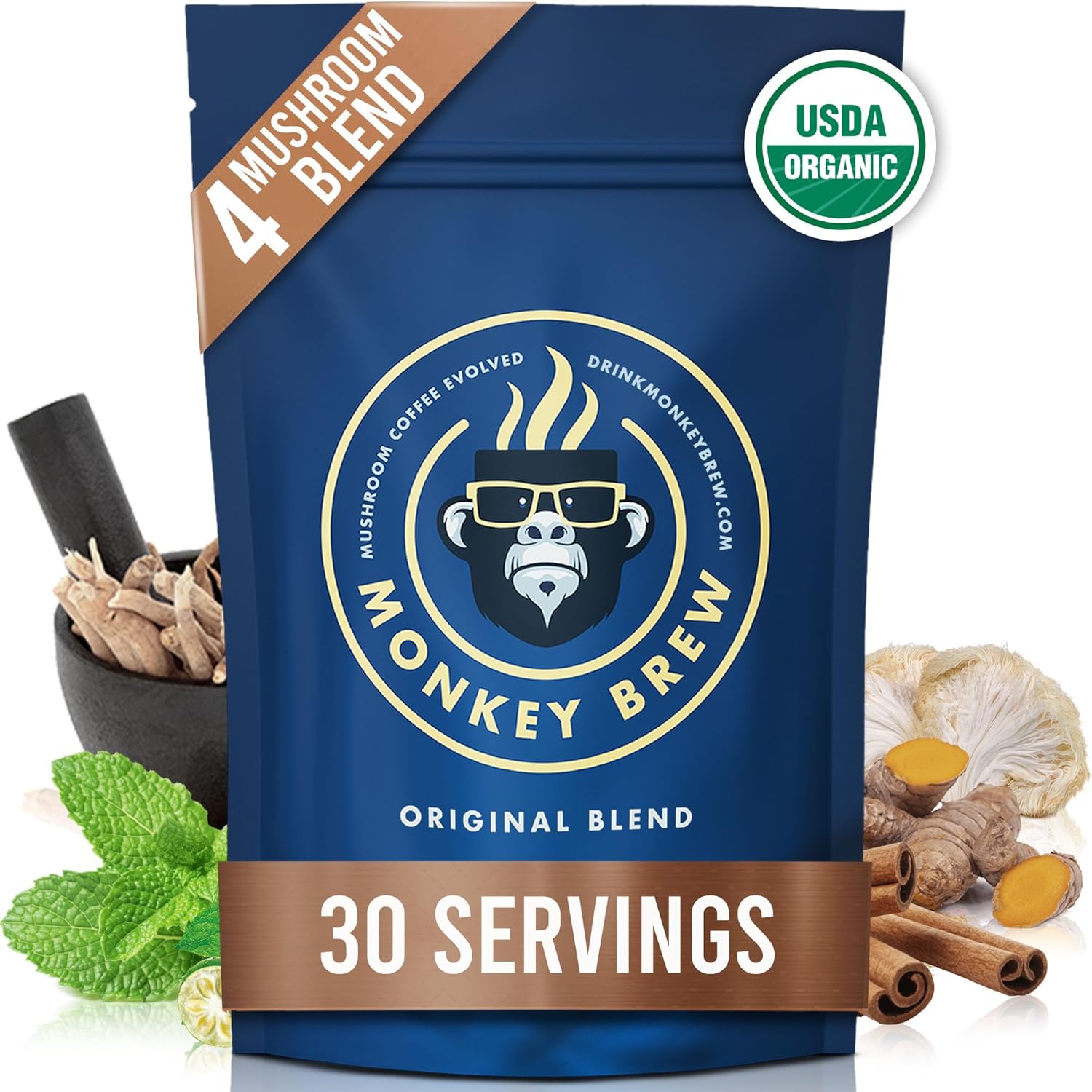 81pAsGwFV0L._SL1500_.jpg Monkey Brew - Organic Mushroom Coffee Alternative Drink - Lion's Mane, Cordyceps, Turkey Tail, Maitake, Ashwagandha, Turmeric, Cacao - Nootropic Promotes Calmness Energy Focus & Gut Health, 30 Serving