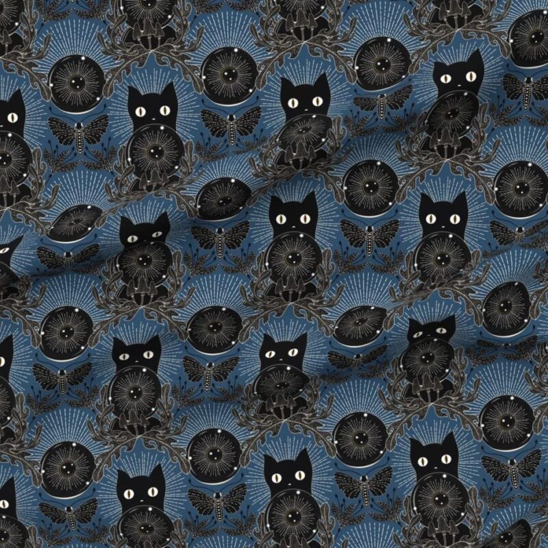 Spoonflower Fabric - Kitty Moth Moon Mushrooms Crystal Ball Floral Flowers Printed on Upholstery Velvet Fabric by The Yard - Upholstery Home Decor Bottomweight Apparel