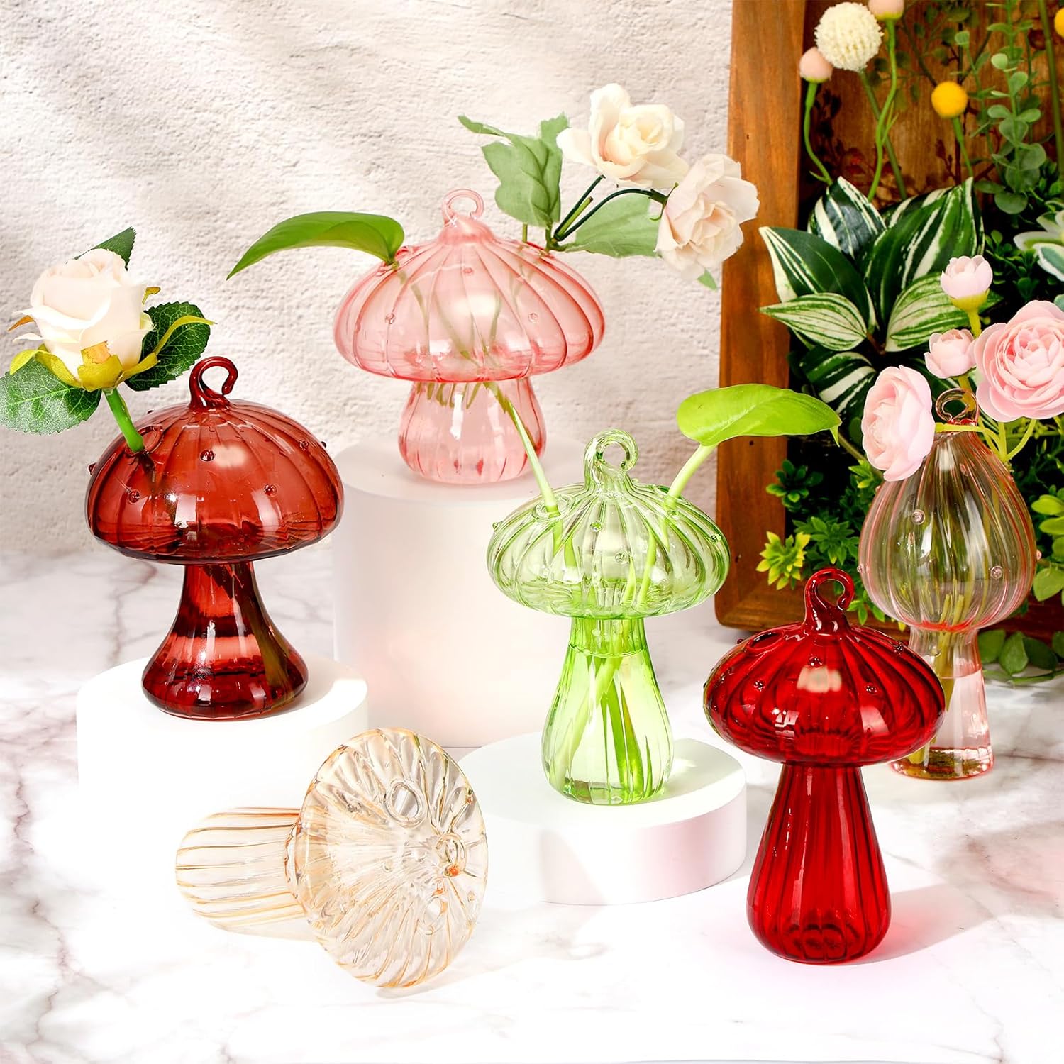 81pNbXYsPxL._AC_SL1500_.jpg 12 Sets Mushroom Vase Hanging Glass Planter Small Hanging Propagation Station Cute Mushroom Hydroponic Flower Vases Mini Wall Glass Terrarium with Rope and Hooks for Home Decor - Image 4
