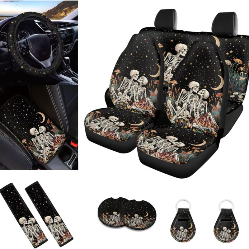Skeleton Printed Car Seat Covers Full Set 12 Piece, Easy Install Car Accessories Set Mushroom Printed Steering Wheel Cover Car Armrest Pad Cover Car Armrest Pad Cover for Women Men