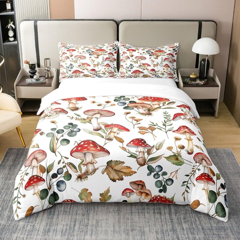 Manfei Mushrooms Bedding Set Boys Girls Country Rustic Style Duvet Cover Mushroom Leaves Plant Comforter Cover Kids Bedroom Decor 3Pcs Full 100% Cotton,No Comforter
