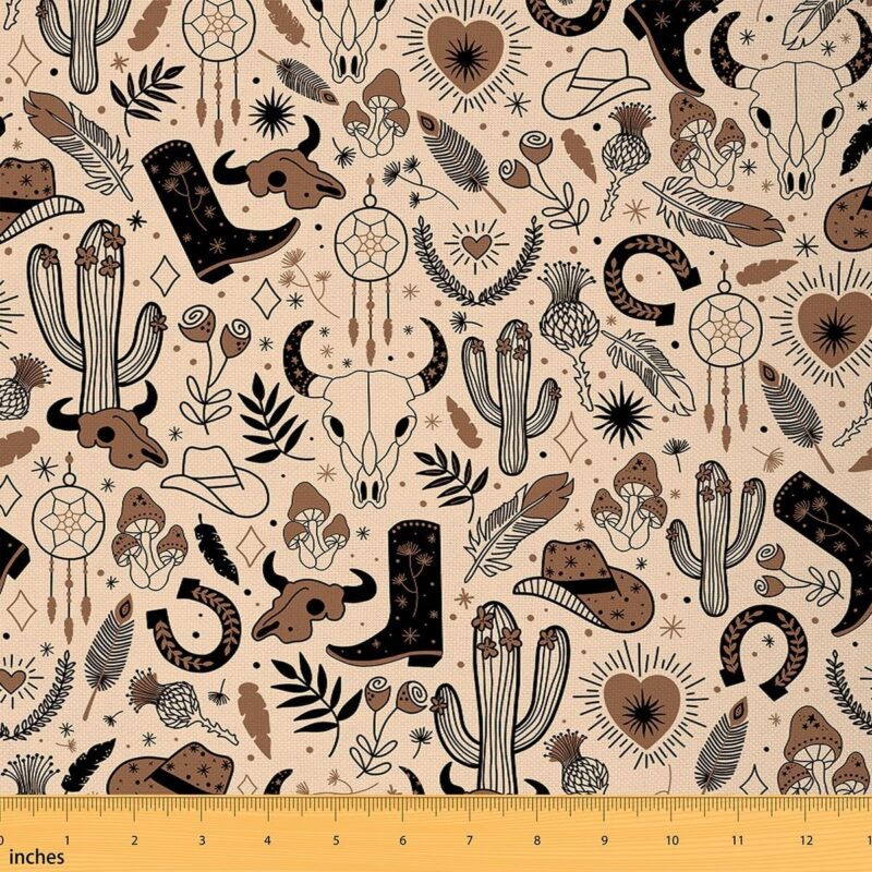 Western Cow Skull Fabric by The Yard,Tropical Ethnic Cactus Mushroom Decorative Fabric,Vintage Cowboy Hats Boots Quilting Supplies for Sewing,Farmhouse Exotic Plants DIY Crafts,5 Yards,180" L x 59" W